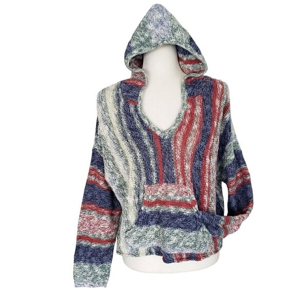 Colorful Cotton Knit Baja Beach Festival Oversized Boxy Crop Hoodie Sweater MED - Picture 13 of 13